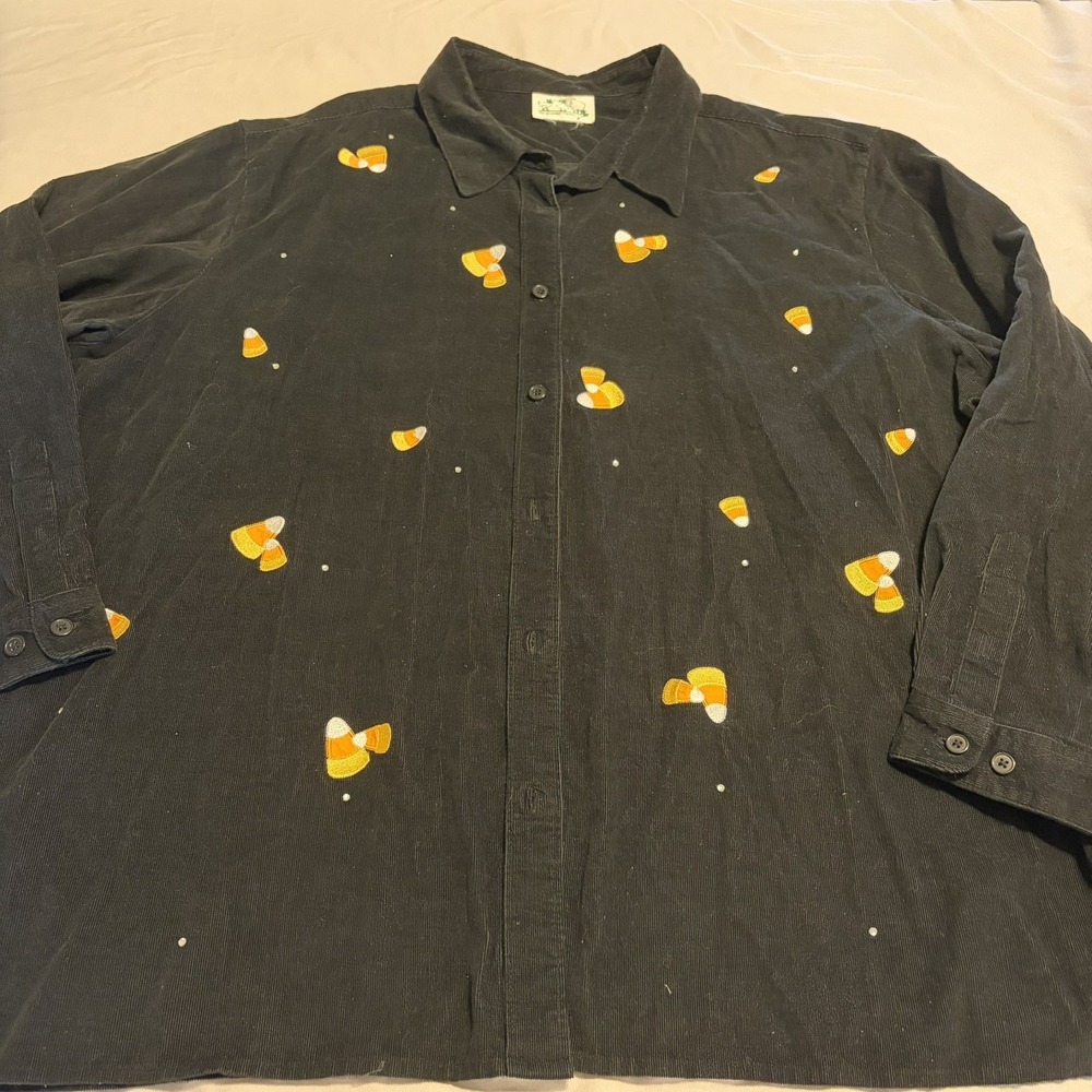 CANDY CORN VTG Quacker Factory Black Fall Halloween Button Up Shirt PLUS Size 2X